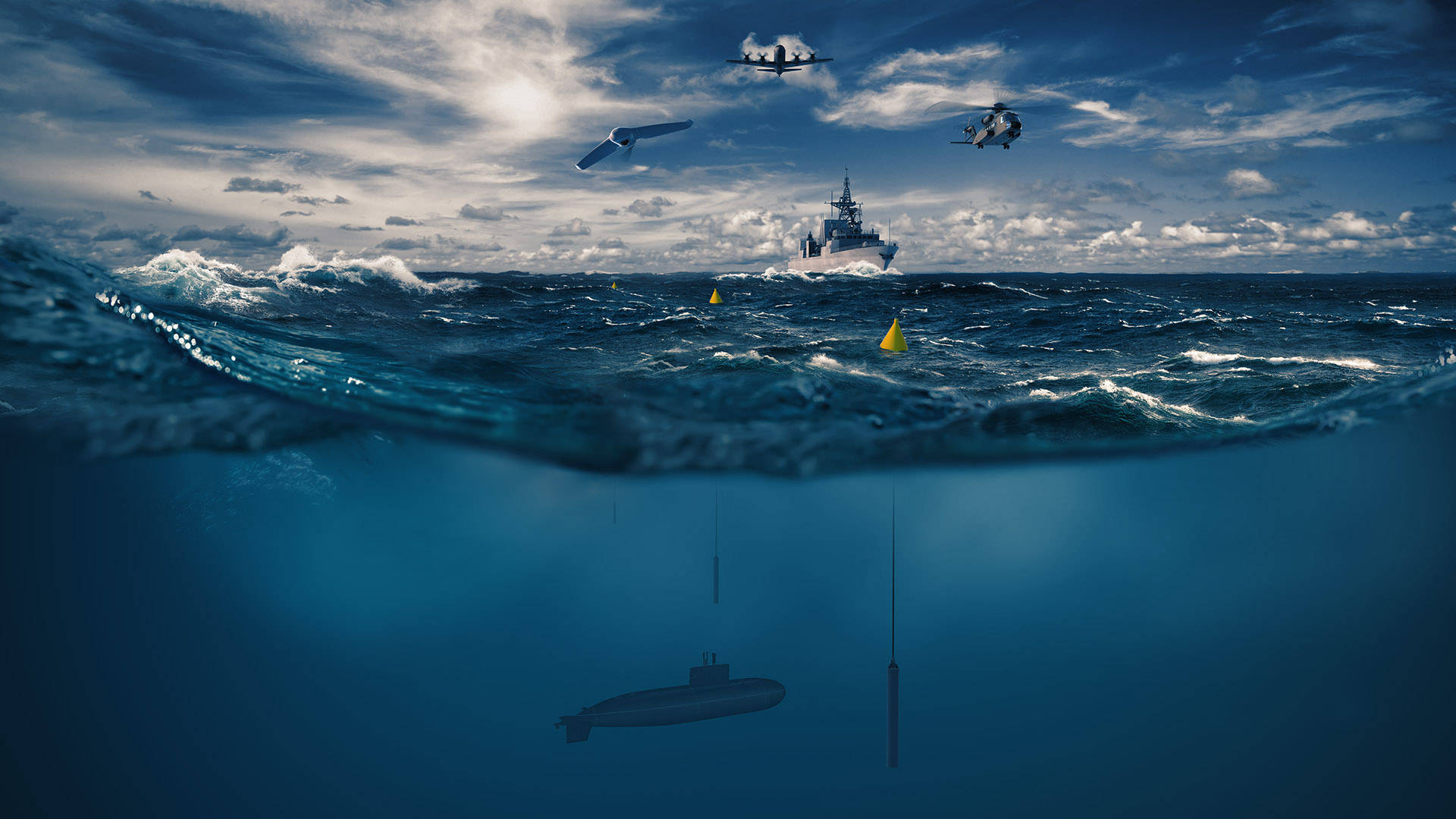 Anti-submarine warfare graphic demonstrating air and sea capabilities.