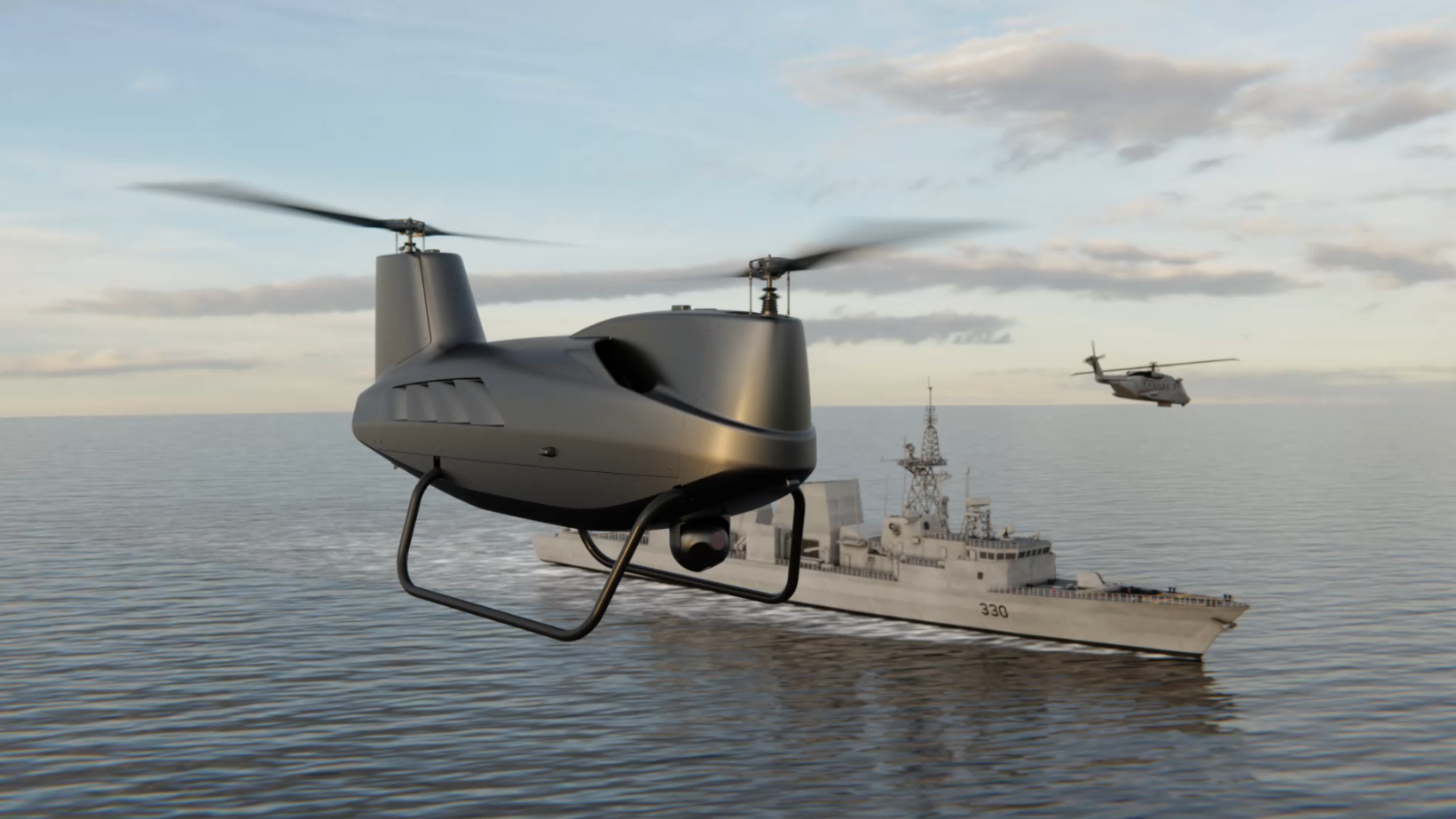 LX300 unmanned helicopter flying over ocean with ship and MHP in the background