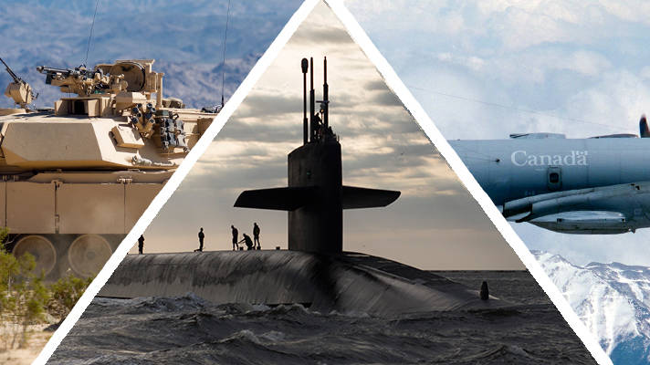 Collage of three photos showcaing a light armoured vehicle, submarine, and aircraft.