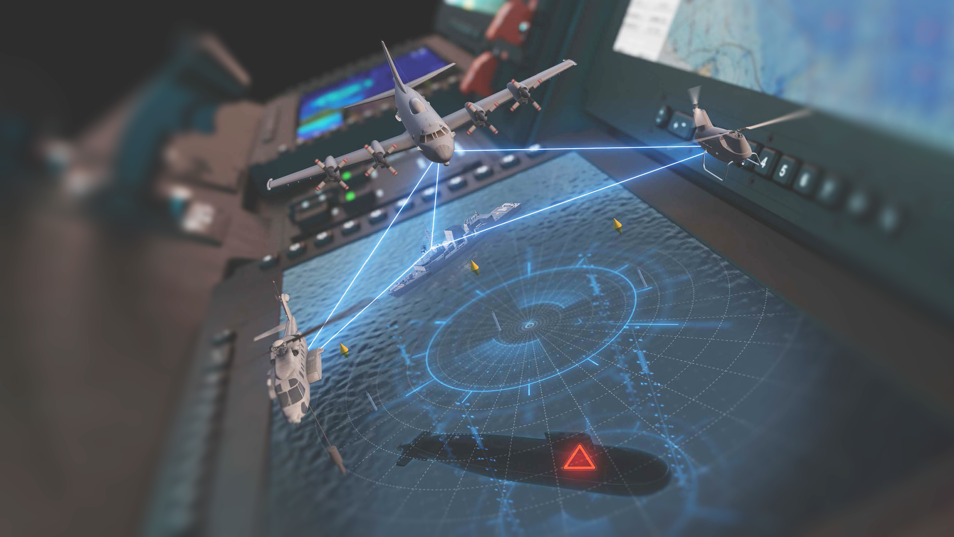 Aircrafts targeting submarine on airborne operator console