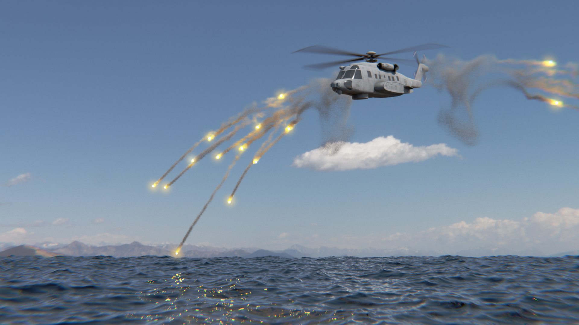 Helicopter shooting flares