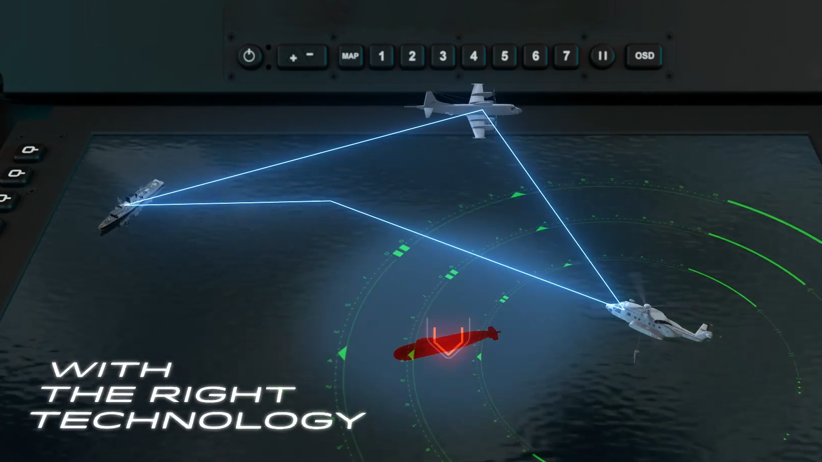 Ship and aircrafts hovering over ocean targeting submarine
