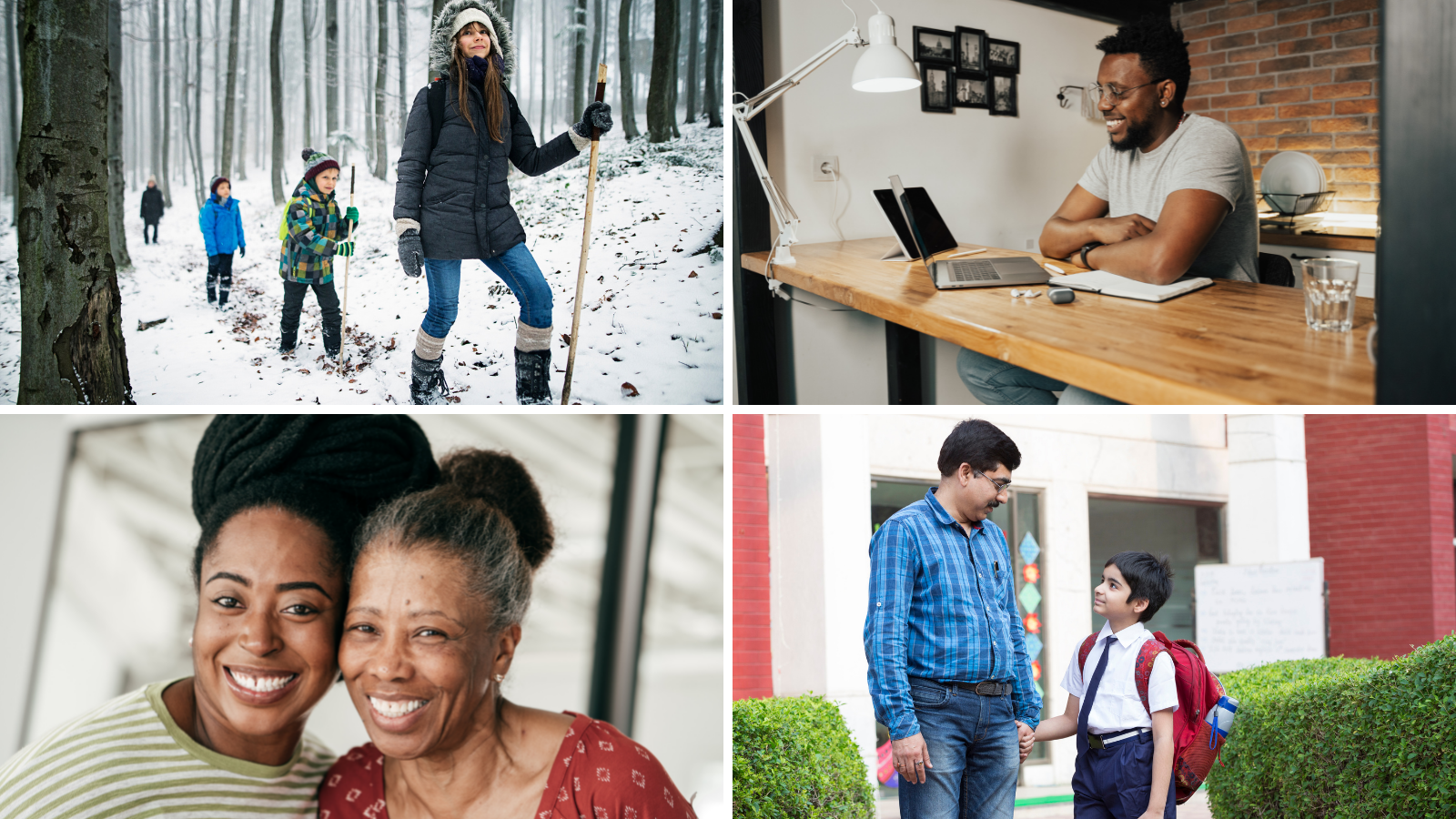 Collage of people doing different activities from hiking, to caring for kids and parents and working from home.
