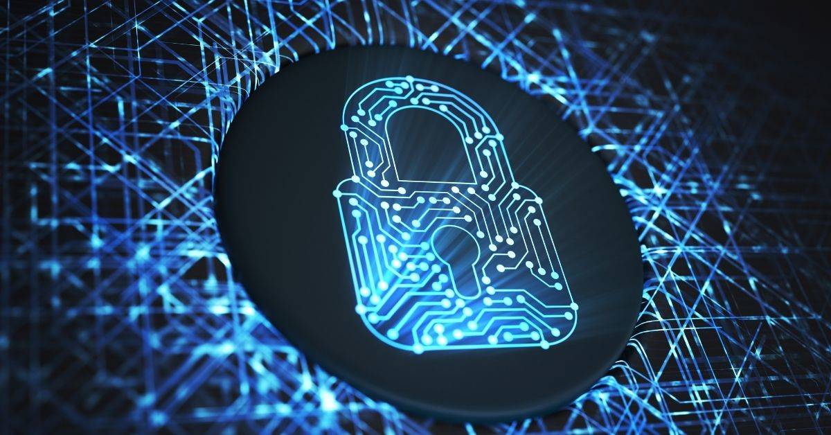 Graphic that is in the shape of a lock, illustrating the cyberspace through a digital look and feel.