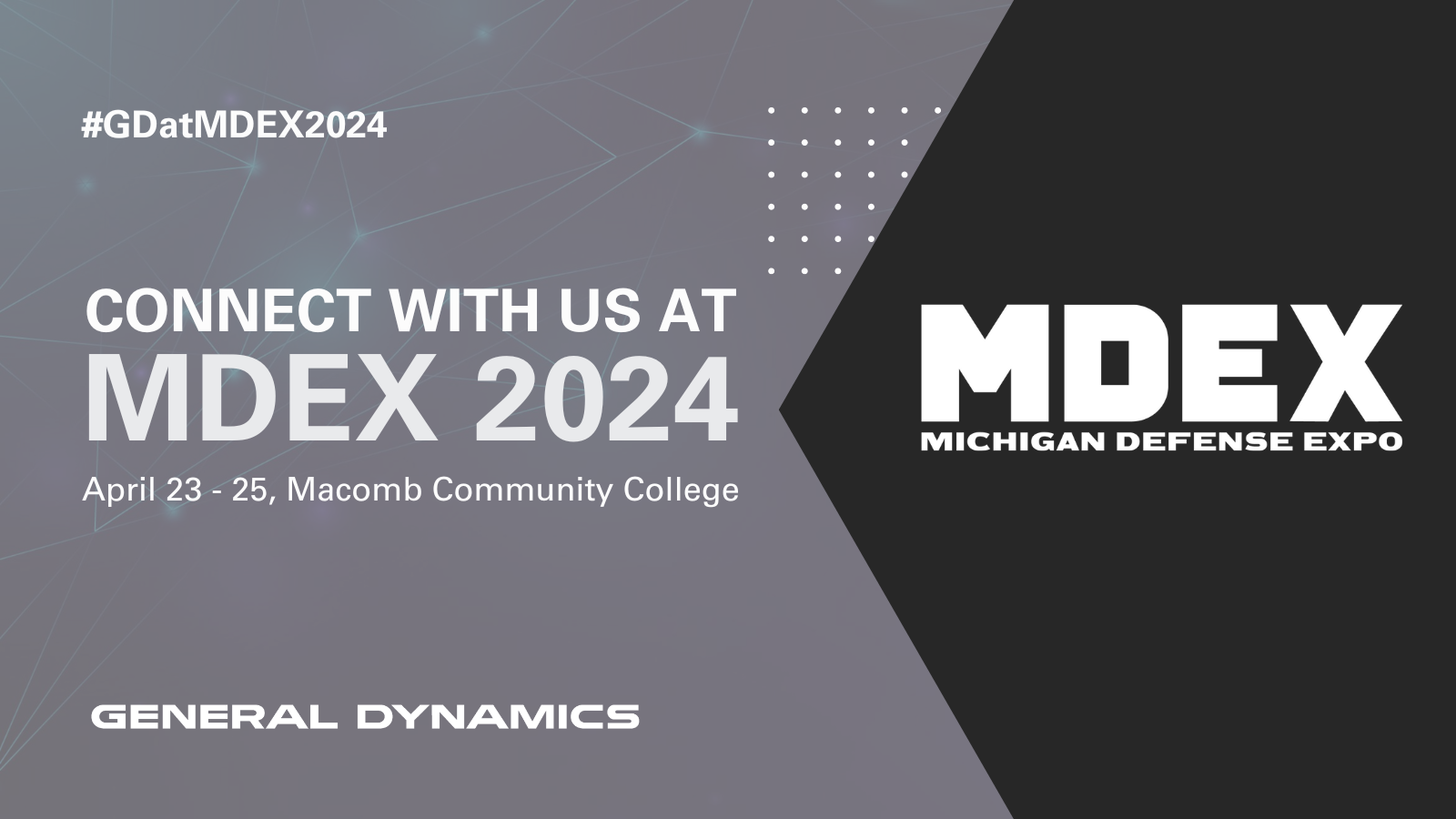 Grey event card with text saying "connect with us at MDEX 2024. April 23 - 25, Macomb Community College."