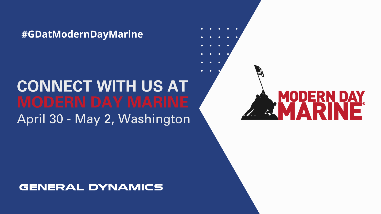 Blue event card with text saying "connect with us at Modern Day Marine, April 30 - May 2, Washington."