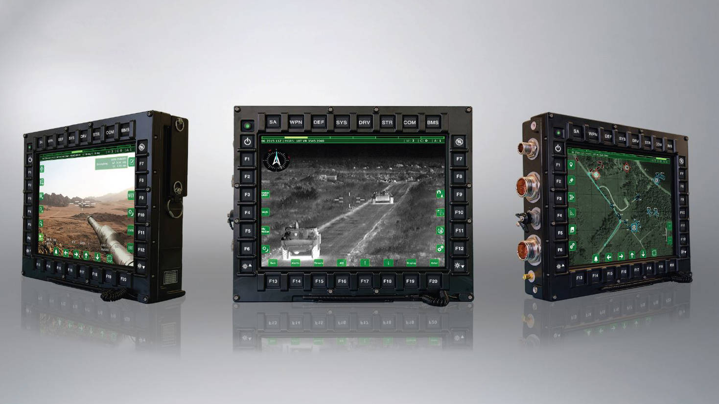 Three displays showing different screens